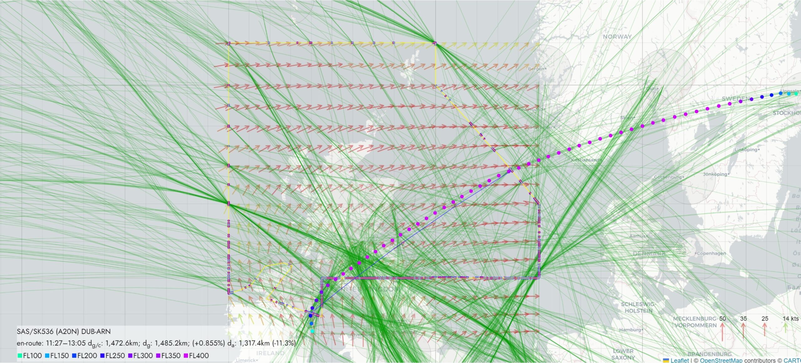 Example routing through Free Route Airspace (Scottish FIR)